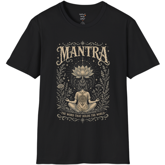 Woman seated in meditation with sacred lotus and botanical engraving design — Sacred Thread collection by Ramro Yoga Wear in Black.