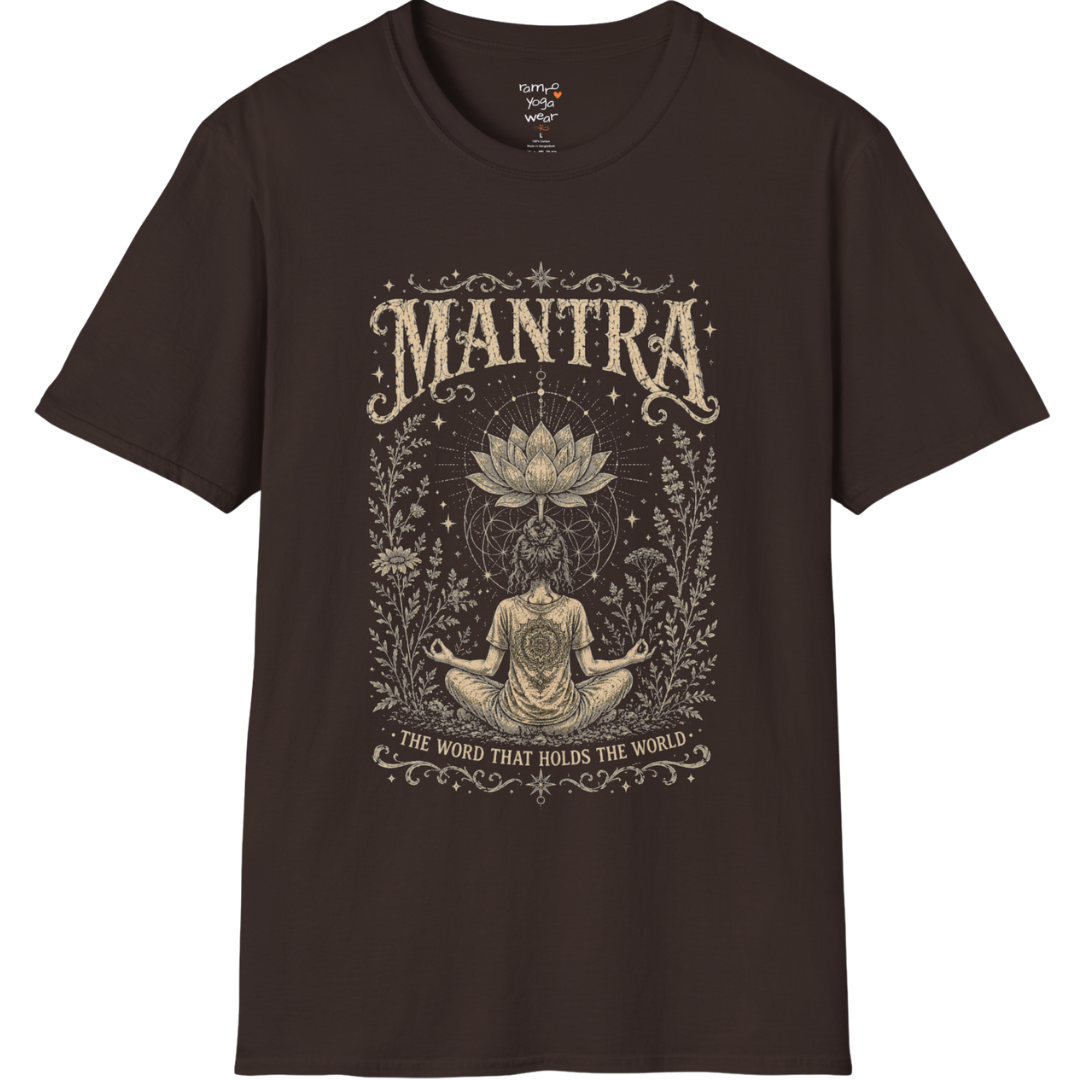 Woman seated in meditation with sacred lotus and botanical engraving design — Sacred Thread collection by Ramro Yoga Wear in dark chocolate