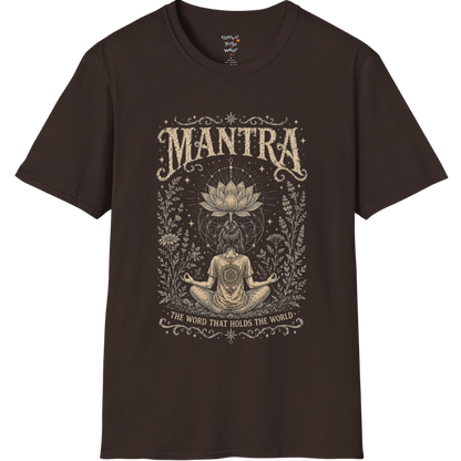 Woman seated in meditation with sacred lotus and botanical engraving design — Sacred Thread collection by Ramro Yoga Wear in dark chocolate