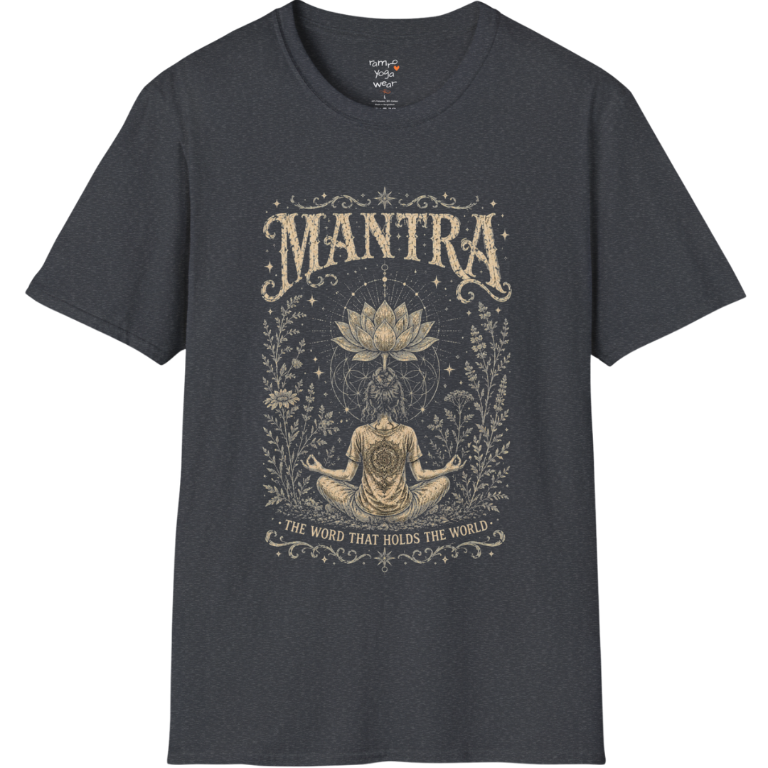 Woman seated in meditation with sacred lotus and botanical engraving design — Sacred Thread collection by Ramro Yoga Wear in dark heather grey.