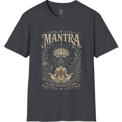 Woman seated in meditation with sacred lotus and botanical engraving design — Sacred Thread collection by Ramro Yoga Wear in dark heather grey.