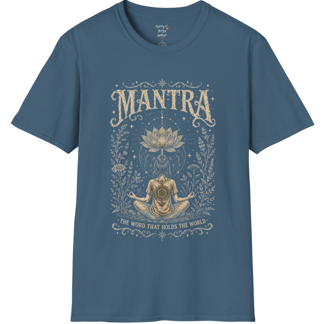 Woman seated in meditation with sacred lotus and botanical engraving design — Sacred Thread collection by Ramro Yoga Wear in indigo blue
