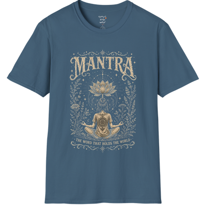 Woman seated in meditation with sacred lotus and botanical engraving design — Sacred Thread collection by Ramro Yoga Wear in indigo blue
