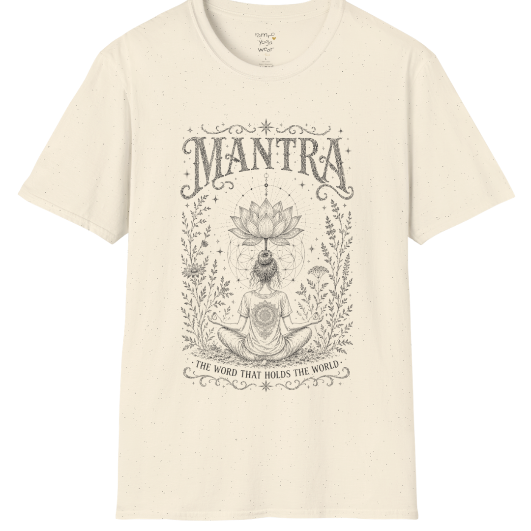 Woman seated in meditation with sacred lotus and botanical engraving design — Sacred Thread collection by Ramro Yoga Wear in natural.