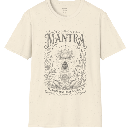 Woman seated in meditation with sacred lotus and botanical engraving design — Sacred Thread collection by Ramro Yoga Wear in natural.
