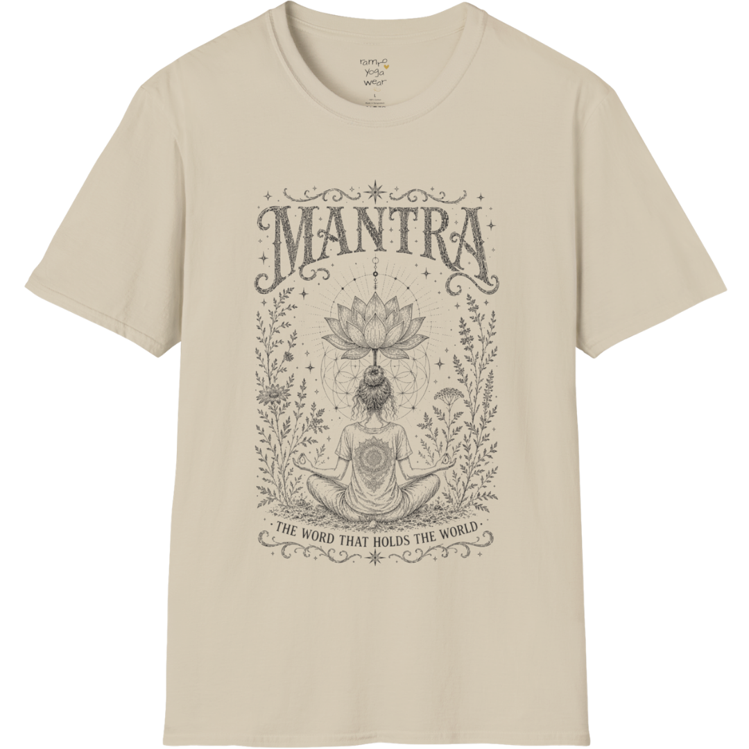 Woman seated in meditation with sacred lotus and botanical engraving design — Sacred Thread collection by Ramro Yoga Wear in Sand.