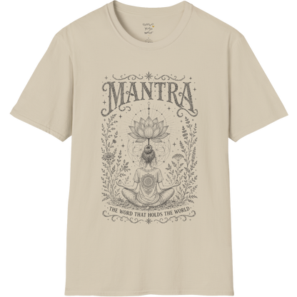 Woman seated in meditation with sacred lotus and botanical engraving design — Sacred Thread collection by Ramro Yoga Wear in Sand.