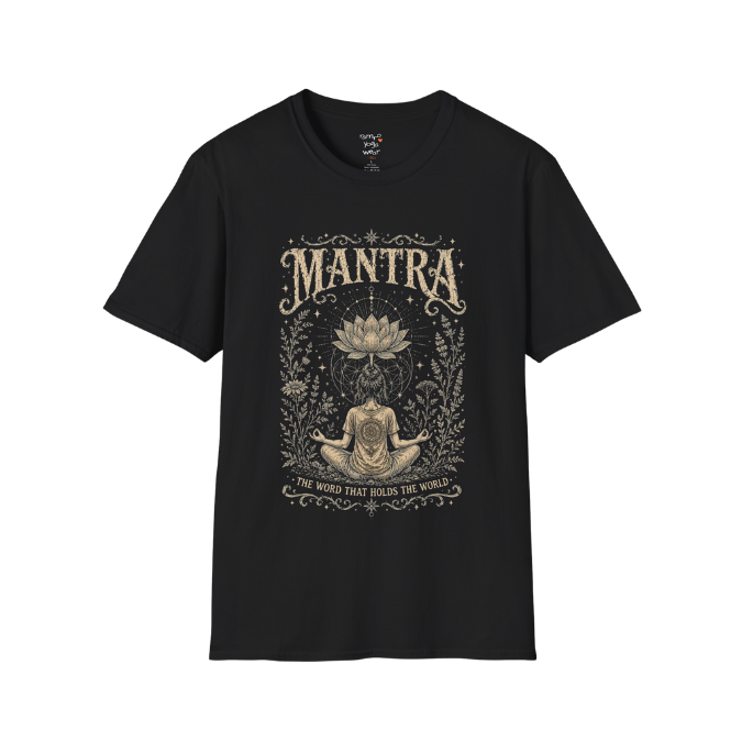 Woman seated in meditation with sacred lotus and botanical engraving design — Dark Sacred Stillness collection by Ramro Yoga Wear in Black.