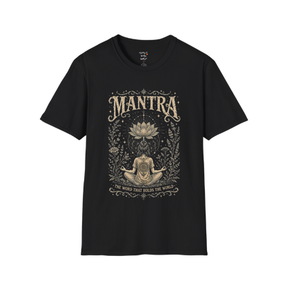Woman seated in meditation with sacred lotus and botanical engraving design — Dark Sacred Stillness collection by Ramro Yoga Wear in Black.