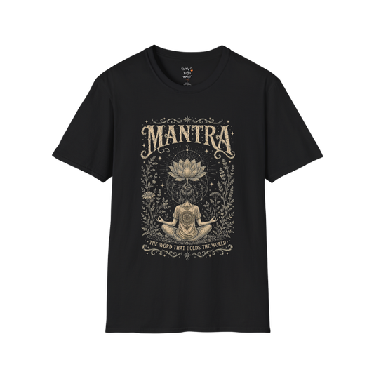 Woman seated in meditation with sacred lotus and botanical engraving design — Dark Sacred Stillness collection by Ramro Yoga Wear in Black.