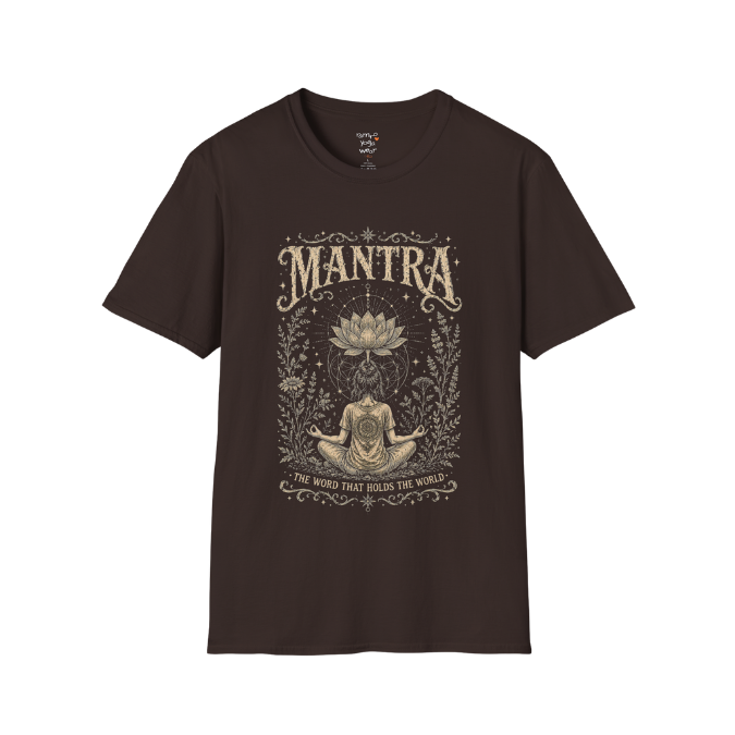 Woman seated in meditation with sacred lotus and botanical engraving design — Dark Sacred Stillness collection by Ramro Yoga Wear in dark chocolate