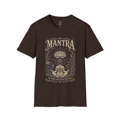 Woman seated in meditation with sacred lotus and botanical engraving design — Dark Sacred Stillness collection by Ramro Yoga Wear in dark chocolate