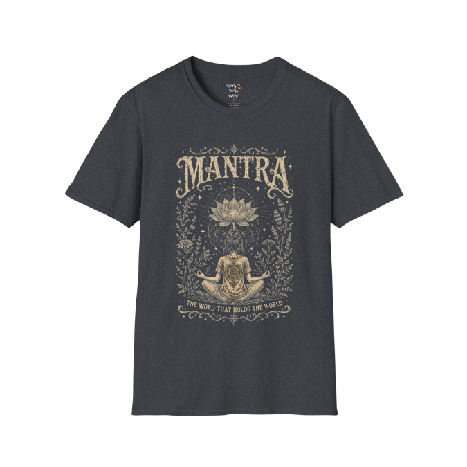 Woman seated in meditation with sacred lotus and botanical engraving design — Dark Sacred Stillness collection by Ramro Yoga Wear in dark heather grey.