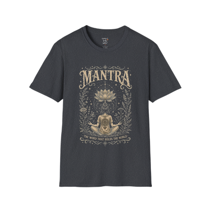 Woman seated in meditation with sacred lotus and botanical engraving design — Dark Sacred Stillness collection by Ramro Yoga Wear in dark heather grey.