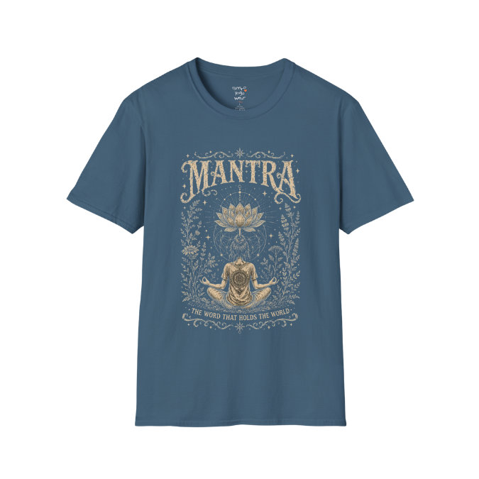 Woman seated in meditation with sacred lotus and botanical engraving design — Dark Sacred Stillness collection by Ramro Yoga Wear in indigo blue