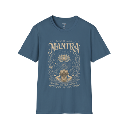 Woman seated in meditation with sacred lotus and botanical engraving design — Dark Sacred Stillness collection by Ramro Yoga Wear in indigo blue