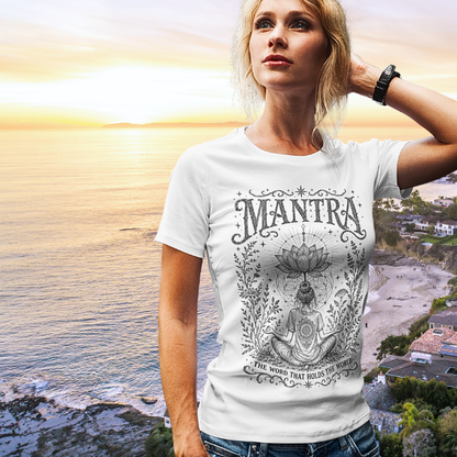Woman wearing Mantra white meditation shirt at coastal sunset — Dark Sacred Stillness collection by Ramro Yoga Wear