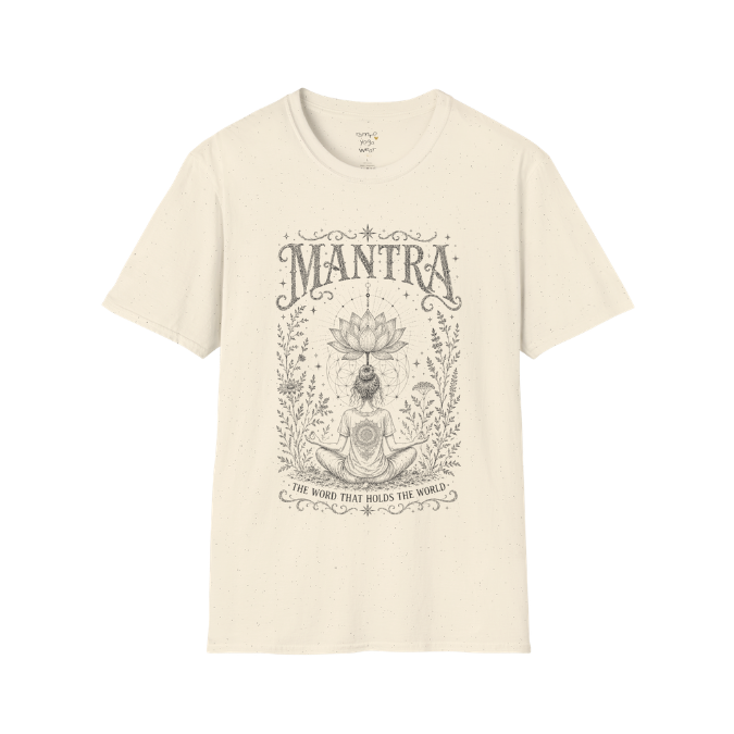 Woman seated in meditation with sacred lotus and botanical engraving design — Dark Sacred Stillness collection by Ramro Yoga Wear in natural.