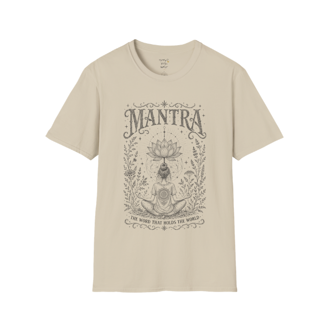 Woman seated in meditation with sacred lotus and botanical engraving design — Dark Sacred Stillness collection by Ramro Yoga Wear in Sand.