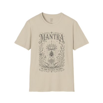 Woman seated in meditation with sacred lotus and botanical engraving design — Dark Sacred Stillness collection by Ramro Yoga Wear in Sand.
