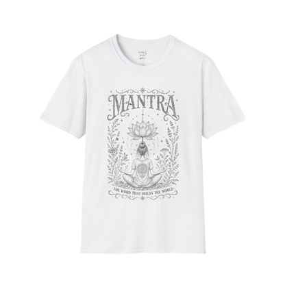 Woman seated in meditation with sacred lotus and botanical engraving design — Dark Sacred Stillness collection by Ramro Yoga Wear in white.