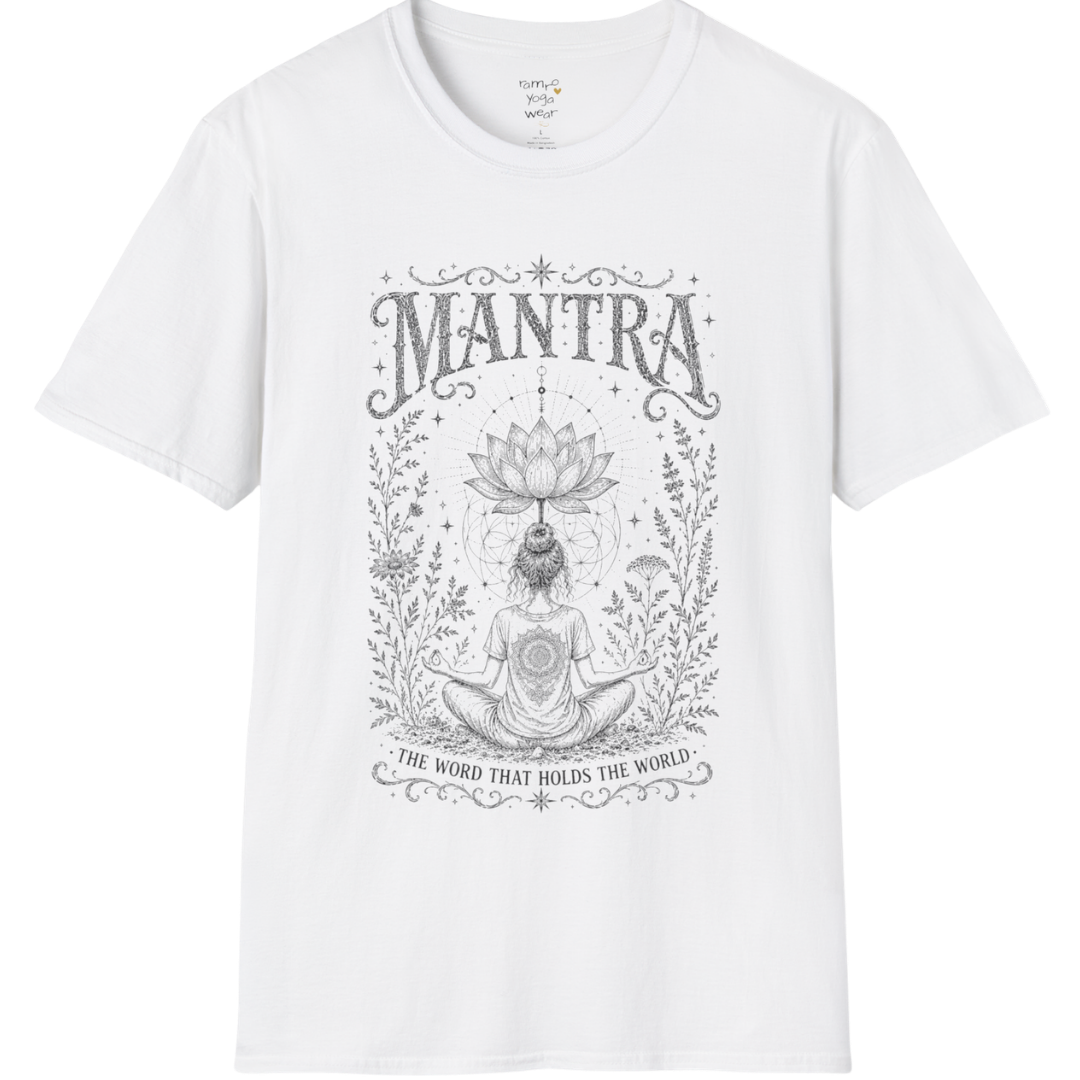 Woman seated in meditation with sacred lotus and botanical engraving design — Sacred Thread collection by Ramro Yoga Wear in white.