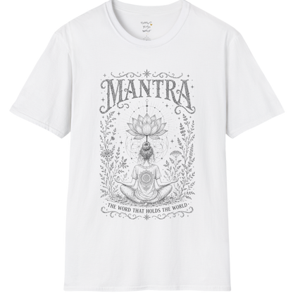 Woman seated in meditation with sacred lotus and botanical engraving design — Sacred Thread collection by Ramro Yoga Wear in white.