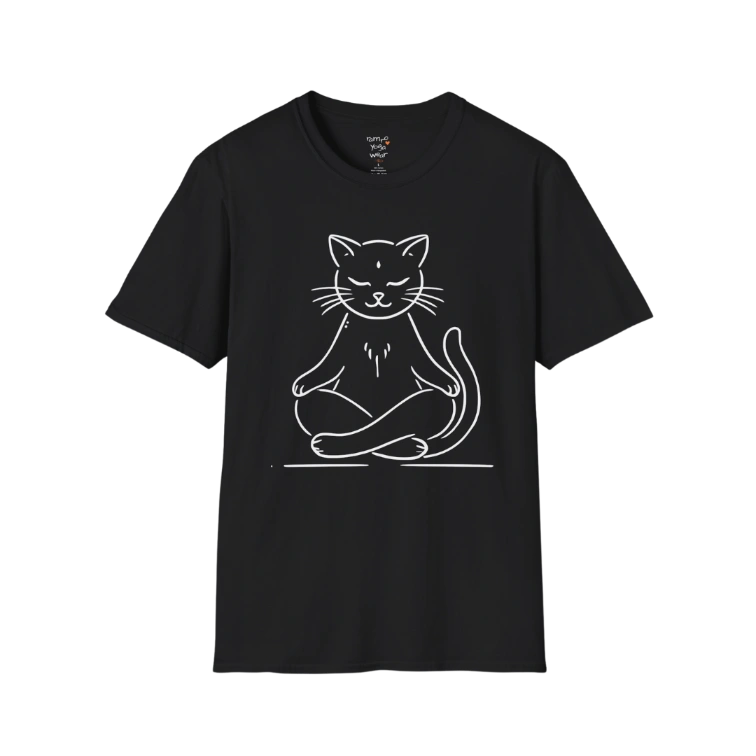 Meditating Cat T-Shirt with line-art cat meditation design — The Vault collection by Ramro Yoga Wear — Black