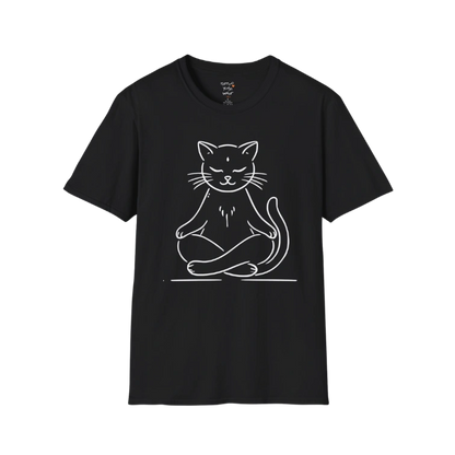 Meditating Cat T-Shirt with line-art cat meditation design — The Vault collection by Ramro Yoga Wear — Black