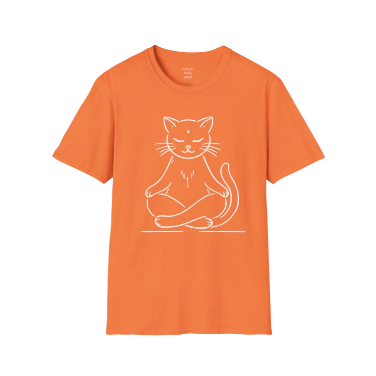 Meditating Cat T-Shirt with line-art cat meditation design — The Vault collection by Ramro Yoga Wear — Heather Orange