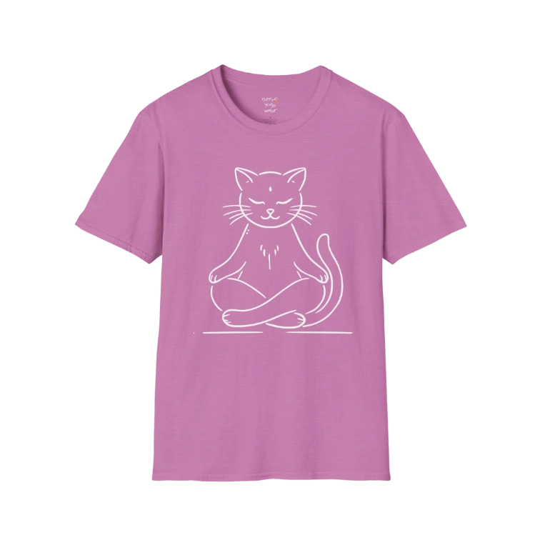 Meditating Cat T-Shirt with line-art cat meditation design — The Vault collection by Ramro Yoga Wear — Heather Radiant Orchid