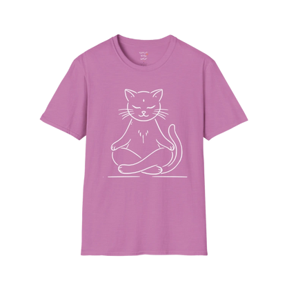 Meditating Cat T-Shirt with line-art cat meditation design — The Vault collection by Ramro Yoga Wear — Heather Radiant Orchid