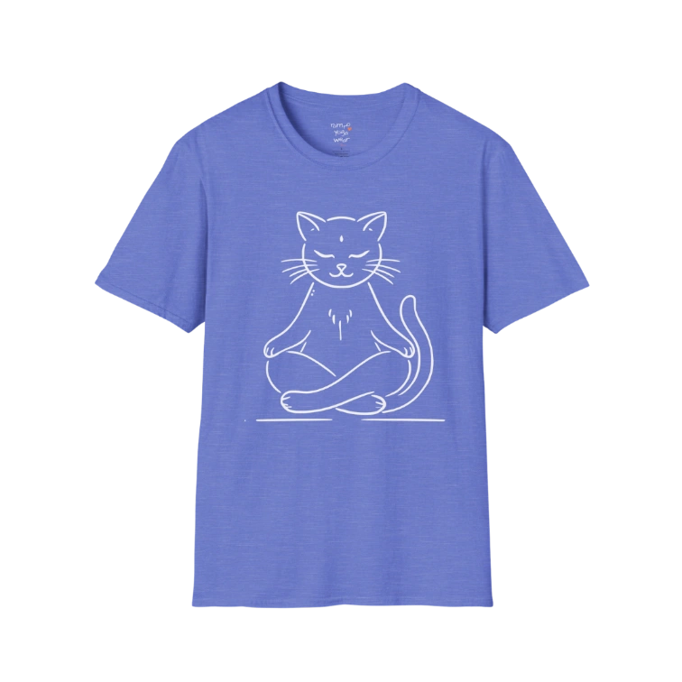 Meditating Cat T-Shirt with line-art cat meditation design — The Vault collection by Ramro Yoga Wear — Heather Royal