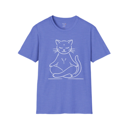 Meditating Cat T-Shirt with line-art cat meditation design — The Vault collection by Ramro Yoga Wear — Heather Royal