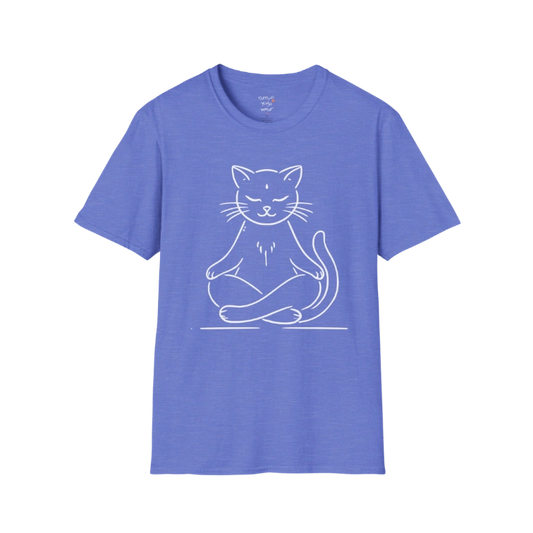 Meditating Cat T-Shirt in heather royal with minimalist meditating cat illustration, relaxed and mindful yoga wear.