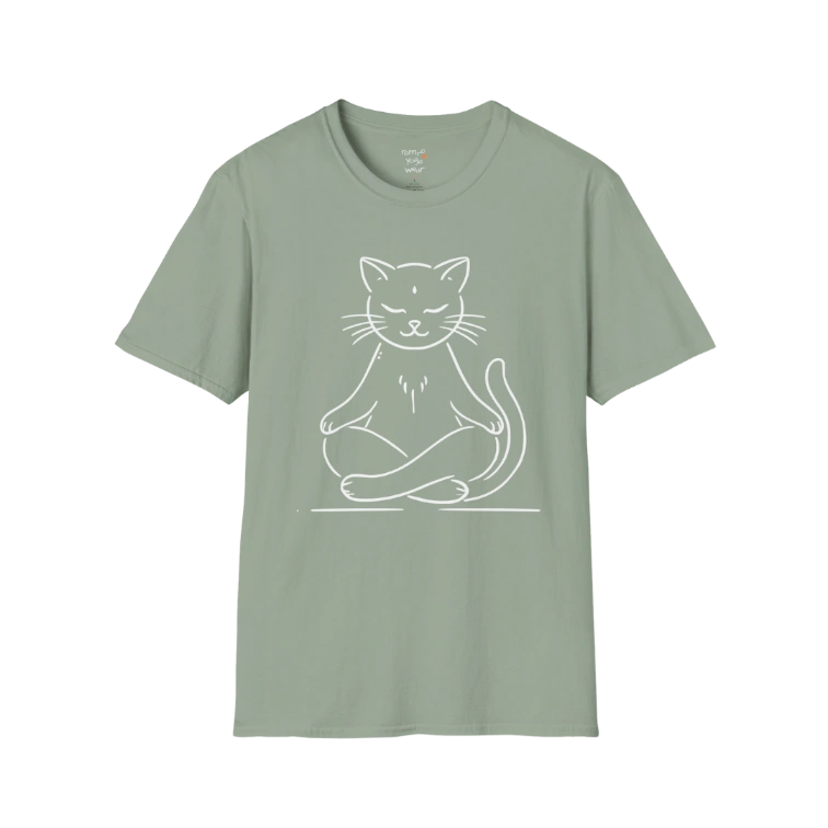Meditating Cat T-Shirt with line-art cat meditation design — The Vault collection by Ramro Yoga Wear — Sage