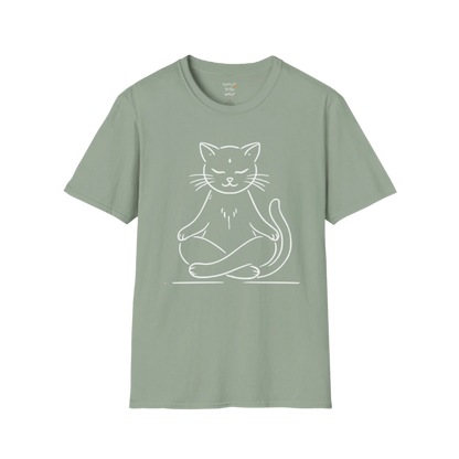 Meditating Cat T-Shirt with line-art cat meditation design — The Vault collection by Ramro Yoga Wear — Sage