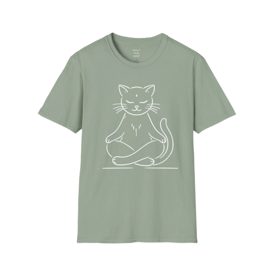 Meditating Cat T-Shirt with line-art cat meditation design — The Vault collection by Ramro Yoga Wear — Sage