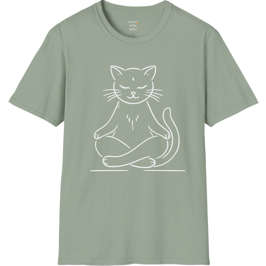 Meditating Cat T-Shirt with line-art cat meditation design — The Vault collection by Ramro Yoga Wear — Sage