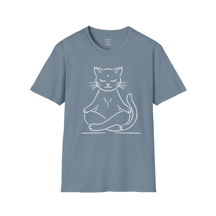 Meditating Cat T-Shirt with line-art cat meditation design — The Vault collection by Ramro Yoga Wear — Stone Blue
