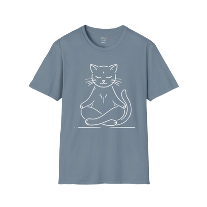 Meditating Cat T-Shirt with line-art cat meditation design — The Vault collection by Ramro Yoga Wear — Stone Blue