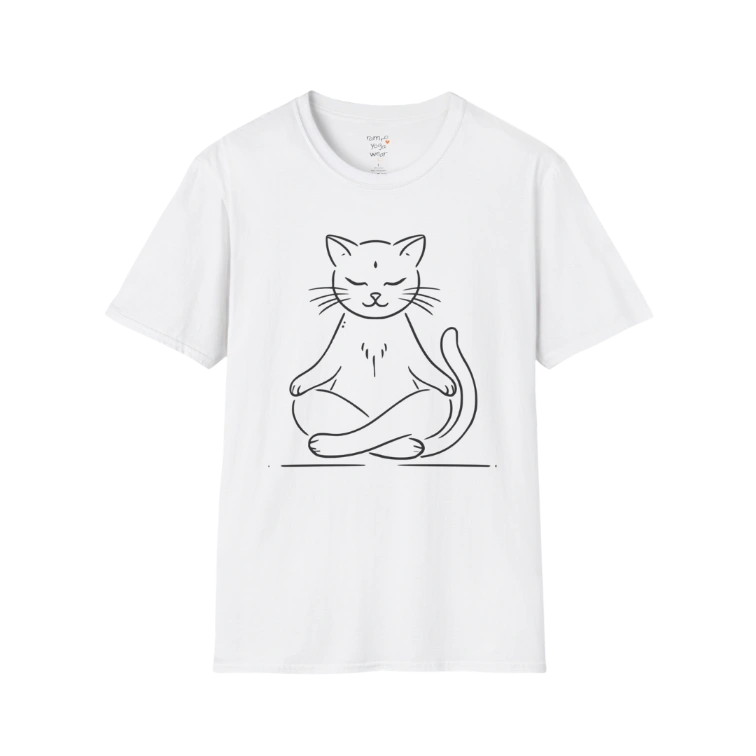 Meditating Cat T-Shirt with line-art cat meditation design — The Vault collection by Ramro Yoga Wear — White