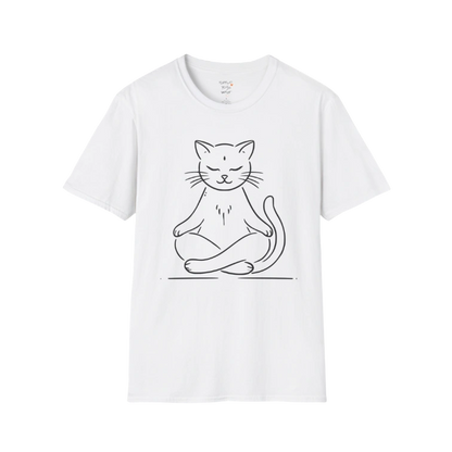 Meditating Cat T-Shirt with line-art cat meditation design — The Vault collection by Ramro Yoga Wear — White