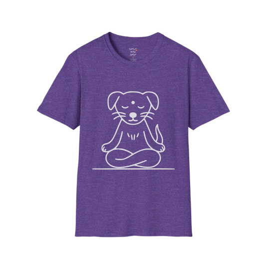 Meditating Dog T-Shirt in Heather Purple featuring minimalist meditating dog artwork and calm spiritual styling.
