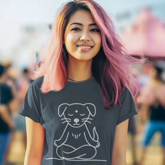 Woman wearing Heather Navy Meditating Dog T-Shirt with calm yoga dog illustration and relaxed lifestyle styling.