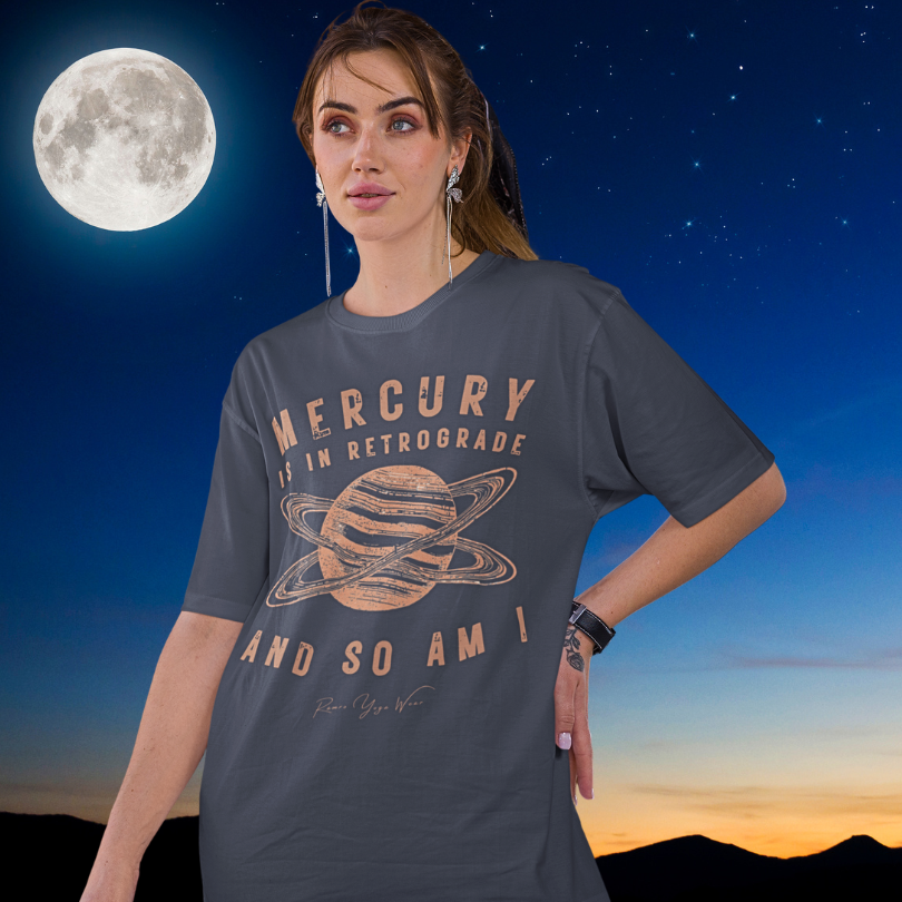 Woman wearing Mercury Heather Midnight Navy funny yoga shirt under full moon night sky — Funny Yoga Shirts collection by Ramro Yoga Wear