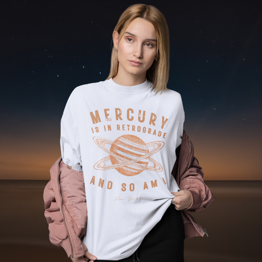Woman wearing Mercury white funny yoga shirt at sunset — Funny Yoga Shirts collection by Ramro Yoga Wear