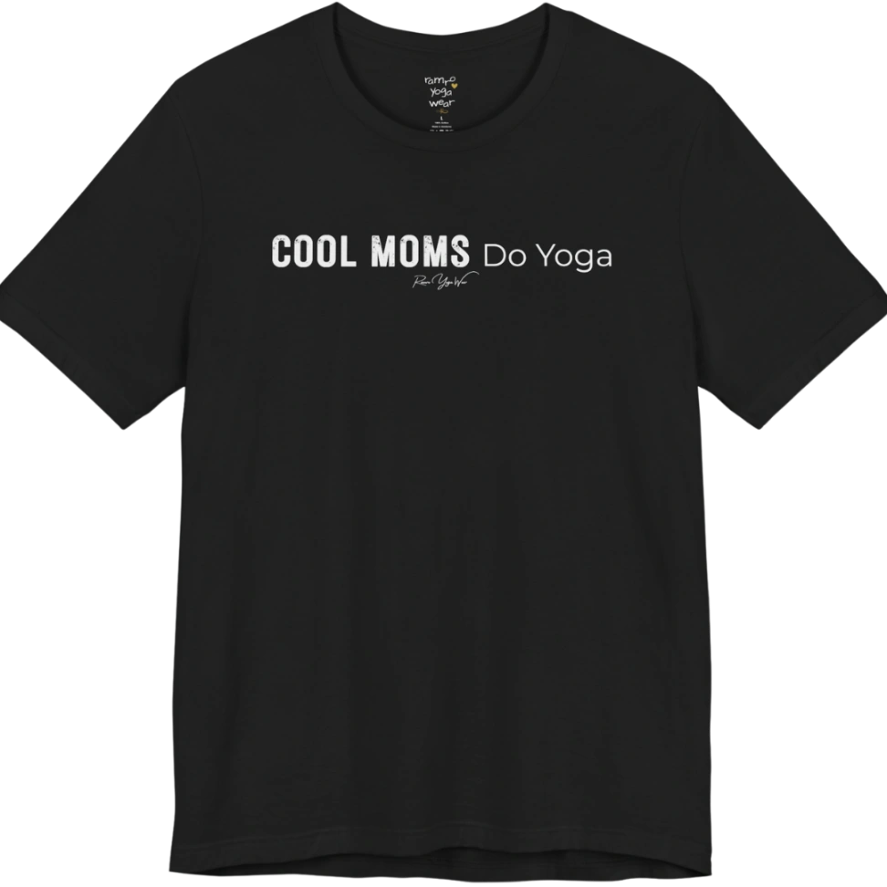 A short sleeved tee called the Moms T-Shirt, flat lay and a soft cotton shirt. Simply says, Cool Moms Do Yoga. Design highlights bold distressed block lettering for Cool Moms beside lighter thin lettering for Do Yoga, with a small script signature underneath. Color is Black.
