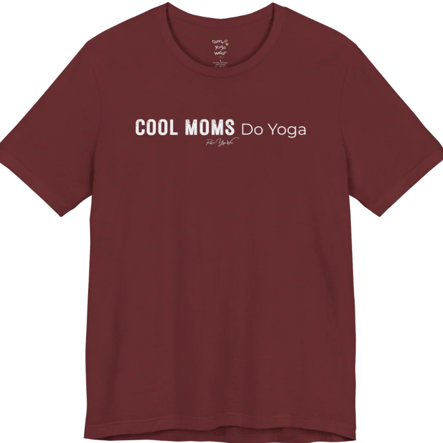 A short sleeved tee called the Moms T-Shirt, flat lay and a soft cotton shirt. Simply says, Cool Moms Do Yoga. Design highlights bold distressed block lettering for Cool Moms beside lighter thin lettering for Do Yoga, with a small script signature underneath. Color is Heather Cardinal.