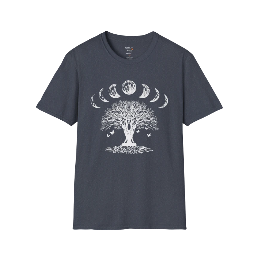 Moonlit tree silhouette with moon phase arc design — The Vault collection by Ramro Yoga Wear — Heather Navy